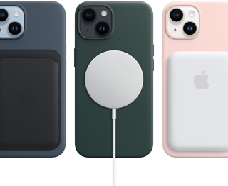 iPhone 14 Pro MagSafe cases in orange, umber and forest green with MagSafe accessories: wallet, charger and a battery pack.