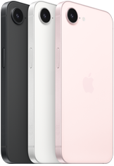 iPhone 17e, ภายนอกด้านข้างและด้านหลัง, สีดำ, ภายนอกด้านข้างและด้านหลัง, สีขาว, ภายนอกด้านข้างและด้านหลัง, สีชมพูอ่อน, กล้อง Fusion ที่ด้านบน, ปุ่มด้านข้าง