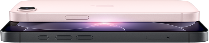 iPhone 17e, ภายนอกด้านข้างและด้านหลังในแนวนอน, สีชมพูอ่อน, iPhone 17e, ภายนอกด้านข้างและด้านหน้าในแนวนอน, สีดำ
