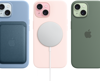 iPhone 15 แสดงเคสซิลิโคนสำหรับ iPhone 15 พร้อม MagSafe, เคสผ้า FineWoven แบบกระเป๋าสตางค์พร้อม MagSafe, ที่ชาร์จ MagSafe, แบตเตอรี่แพ็ค MagSafe